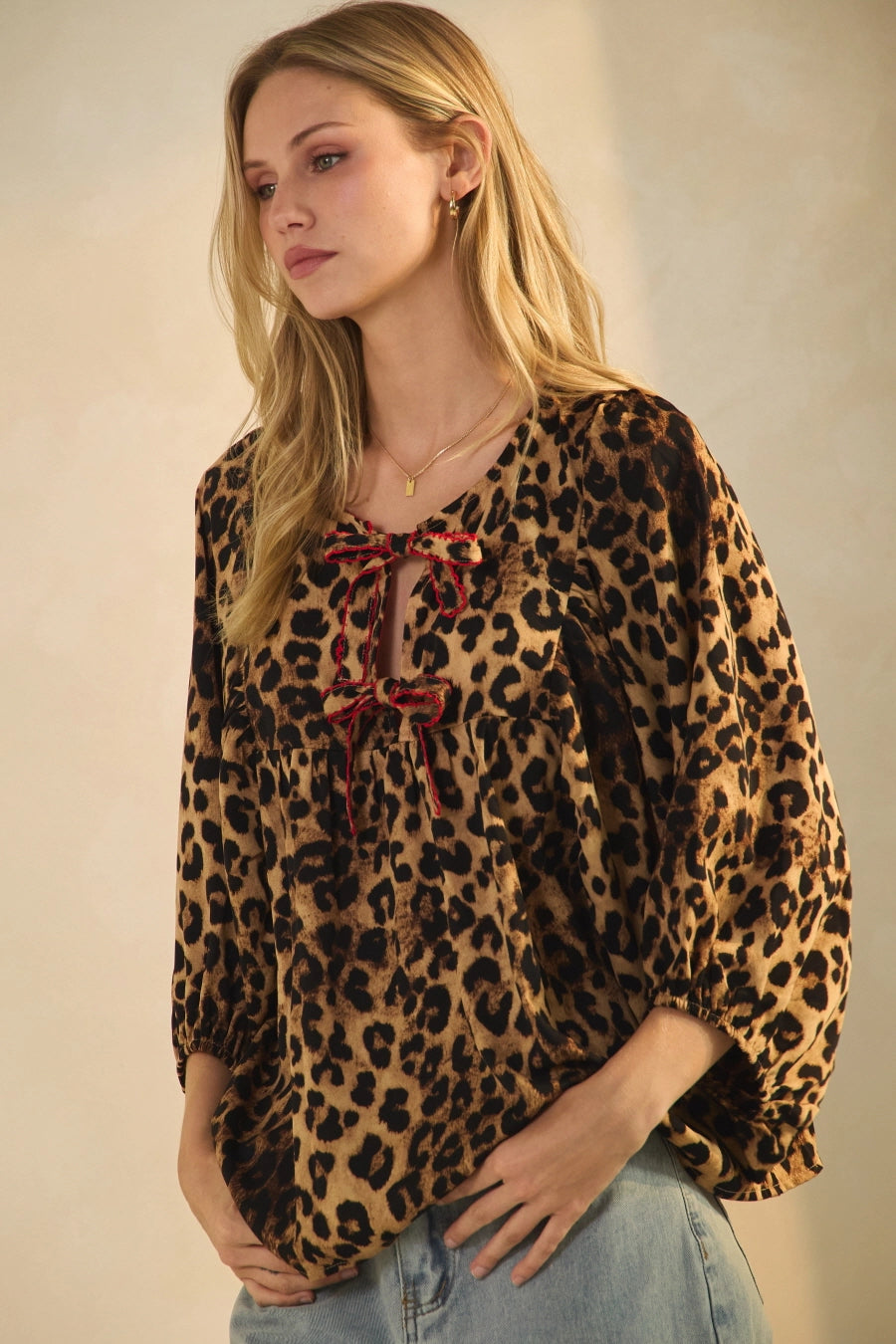 Leopard Print Peplum Bow Blouse     ODDI