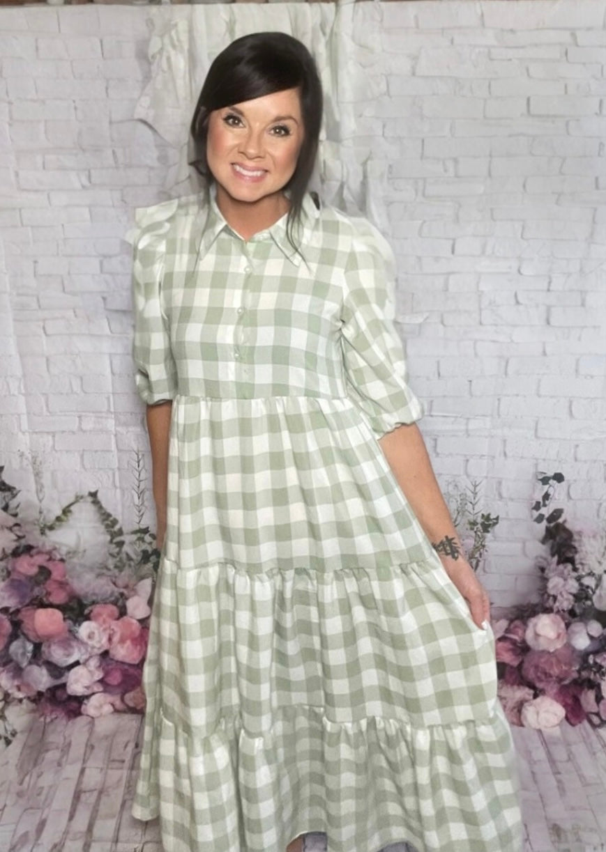 Green Gingham Print Puff Sleeve Maxi Dress