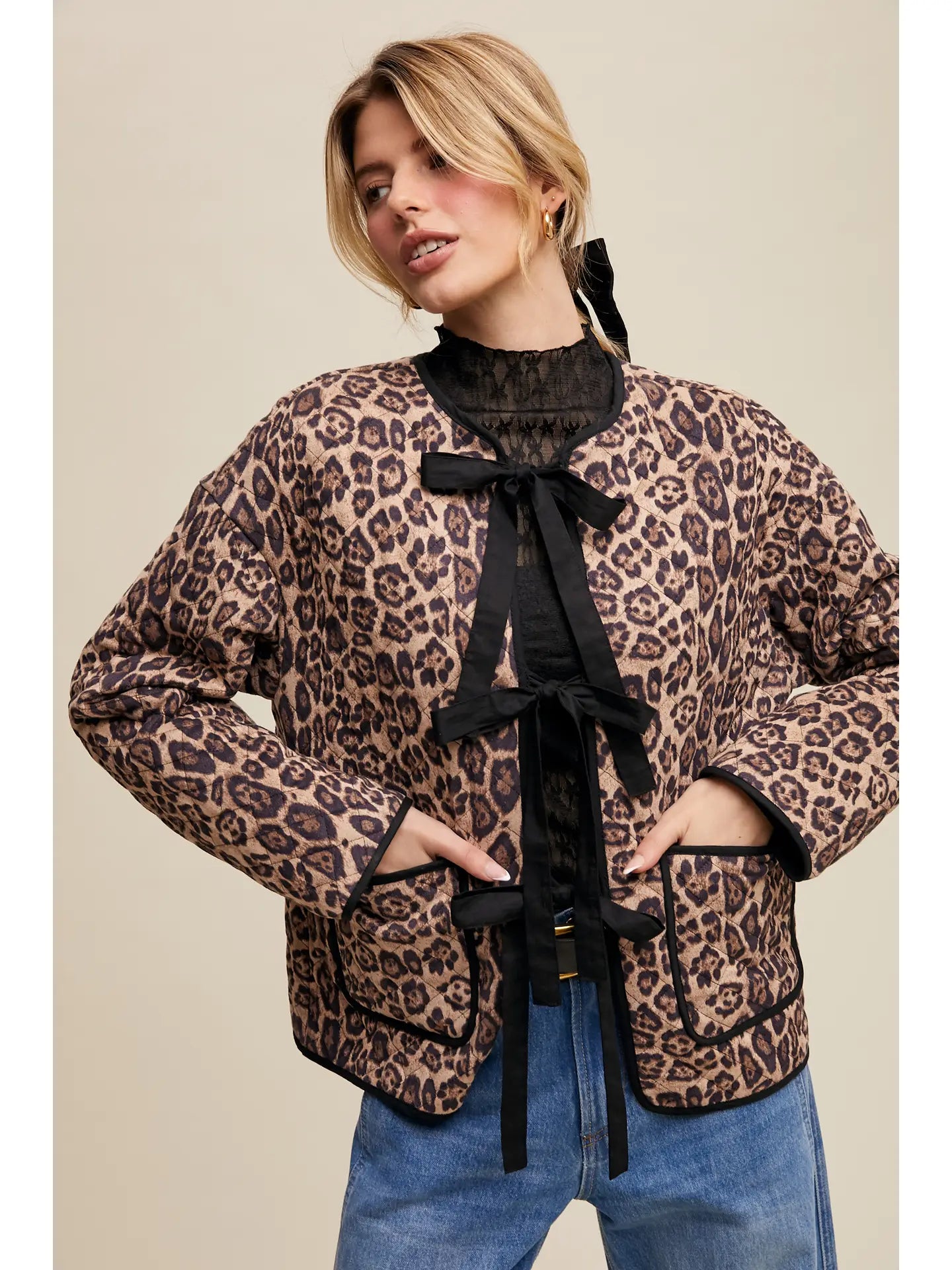 Quilted Leopard Print Bow Tie Jacket