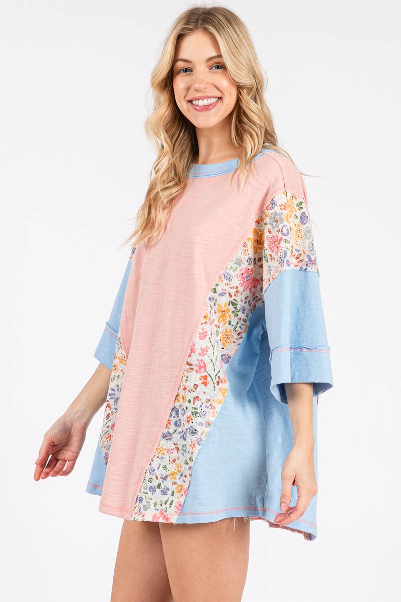 Dusty Pink Washed Floral Patchwork Oversized Tee
