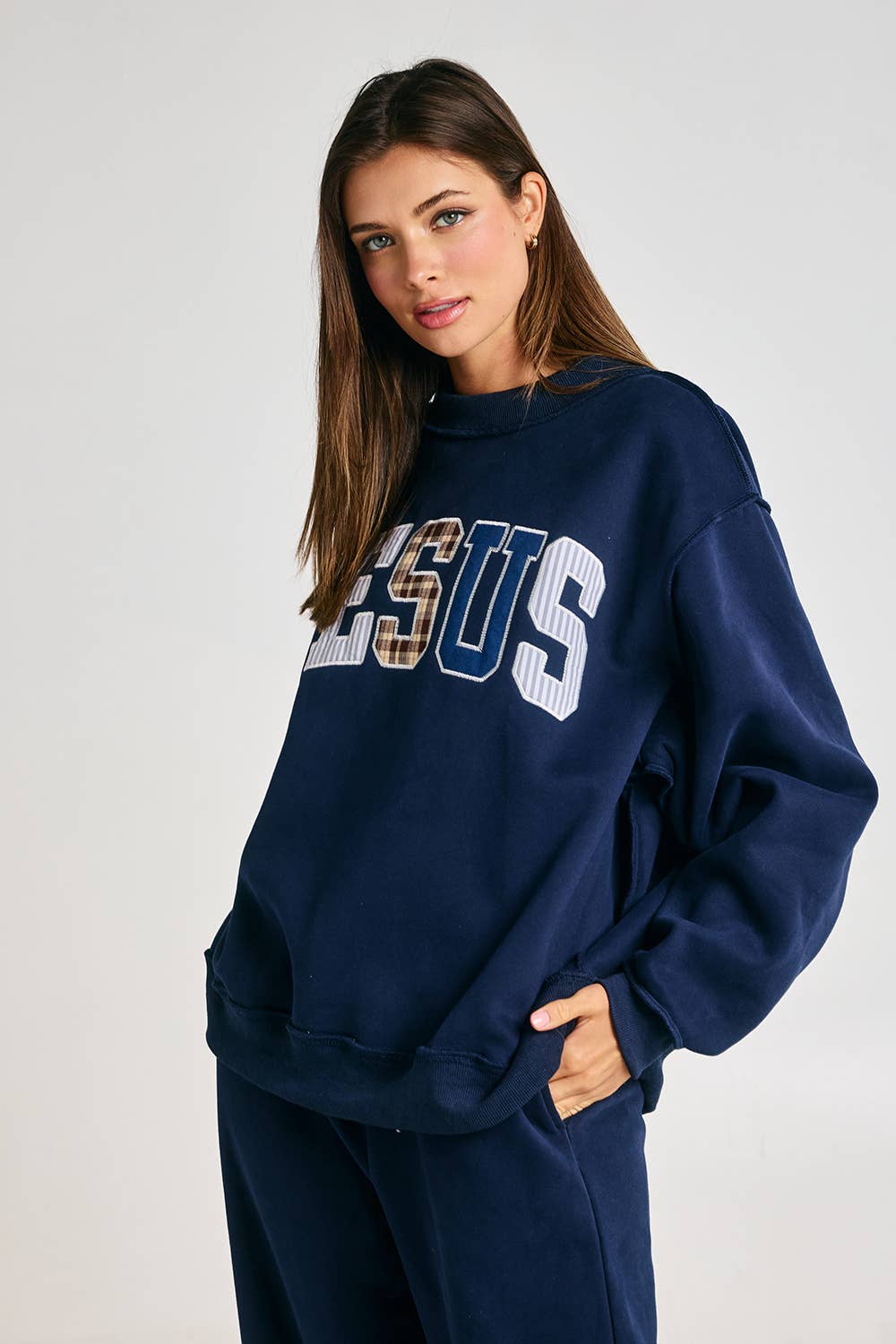 Gray Jesus Embroidered Oversized Mock-neck Sweatshirt