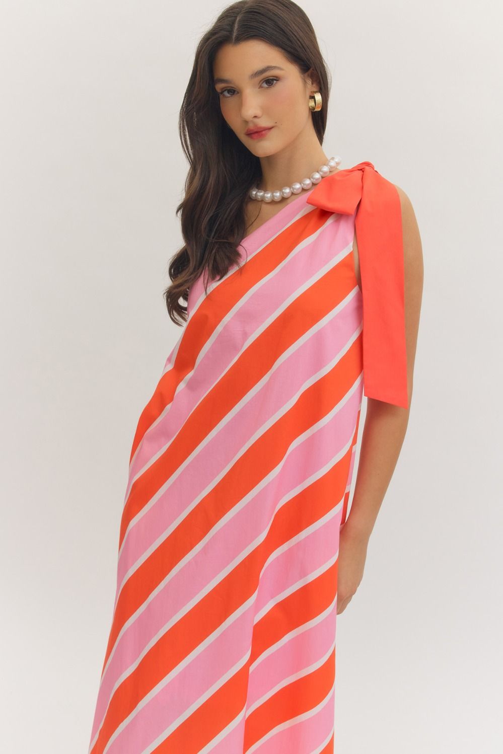 Entro Pink & Orange Stripe Bow Detail One-Shoulder Midi Dress