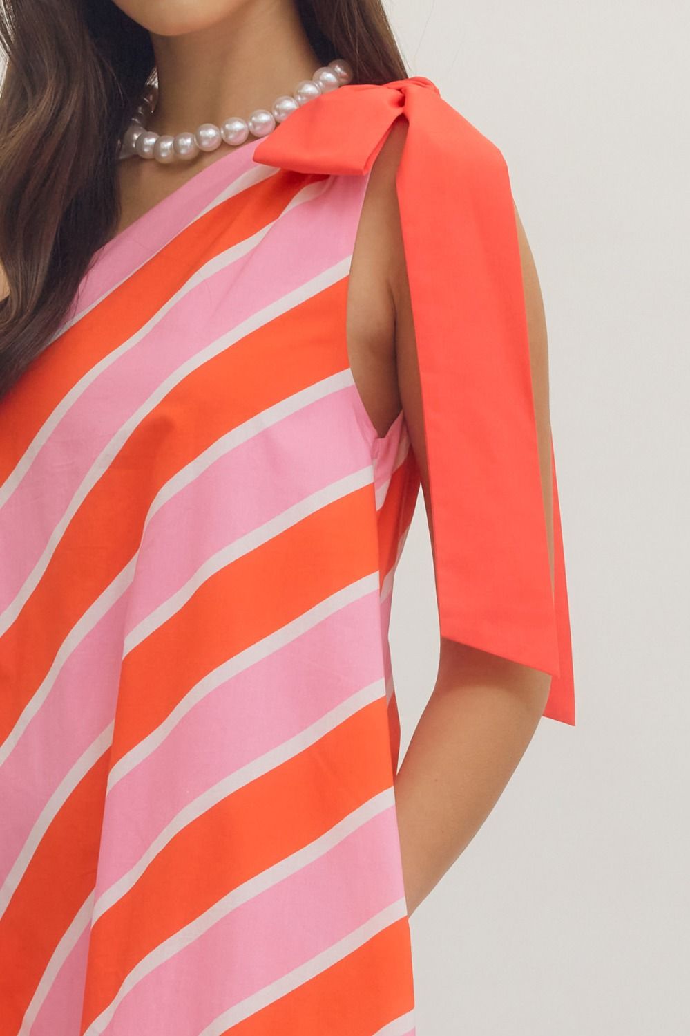 Entro Pink & Orange Stripe Bow Detail One-Shoulder Midi Dress
