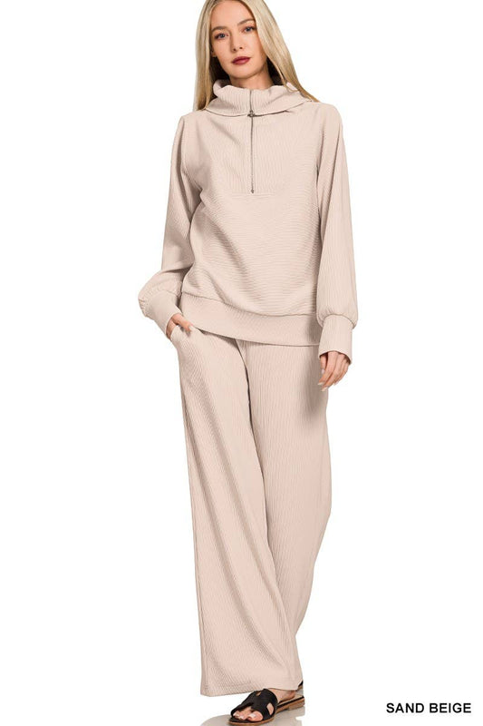 Sand Beige Ribbed High Neck Half Zip Pullover And Pants Set