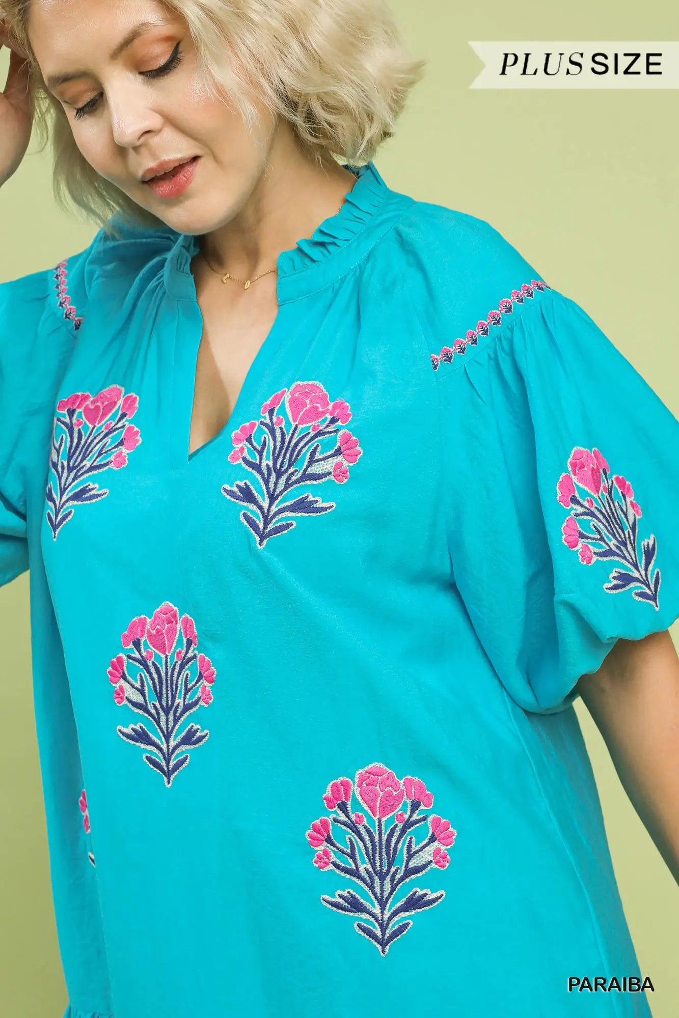 Paraiba Blue & Pink Embroidered Puff Sleeve Mini Dress