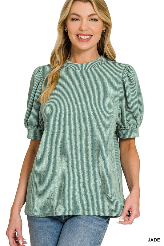 Zenana Jade Ribbed Puff Sleeve Top