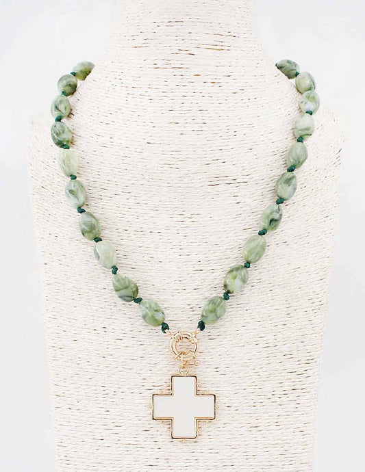 Olive Beaded Pearlized White Cross Necklace
