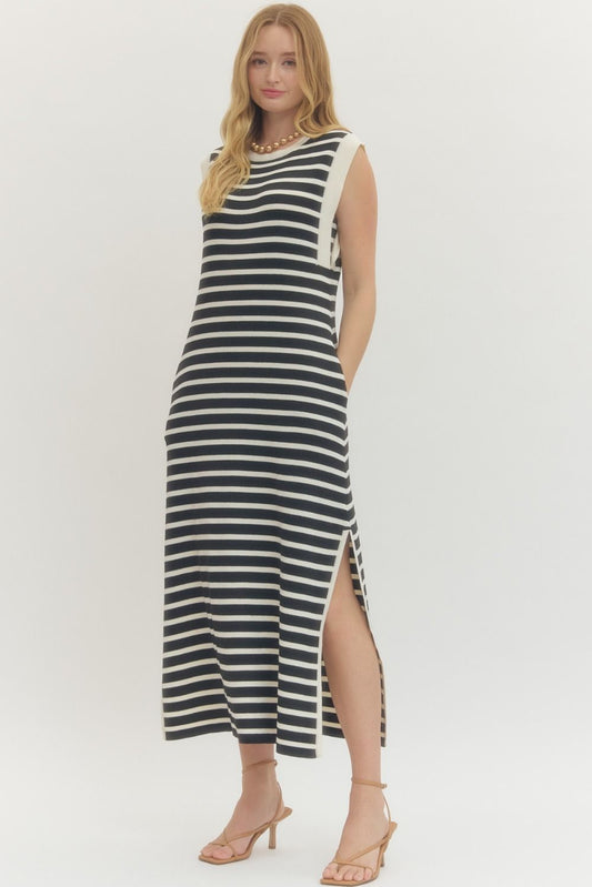 Entro Black & White Striped Maxi Dress with Pockets