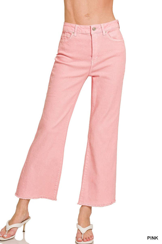Zenana Pink Acid Washed High Waist Frayed Hem Bootcut Pants