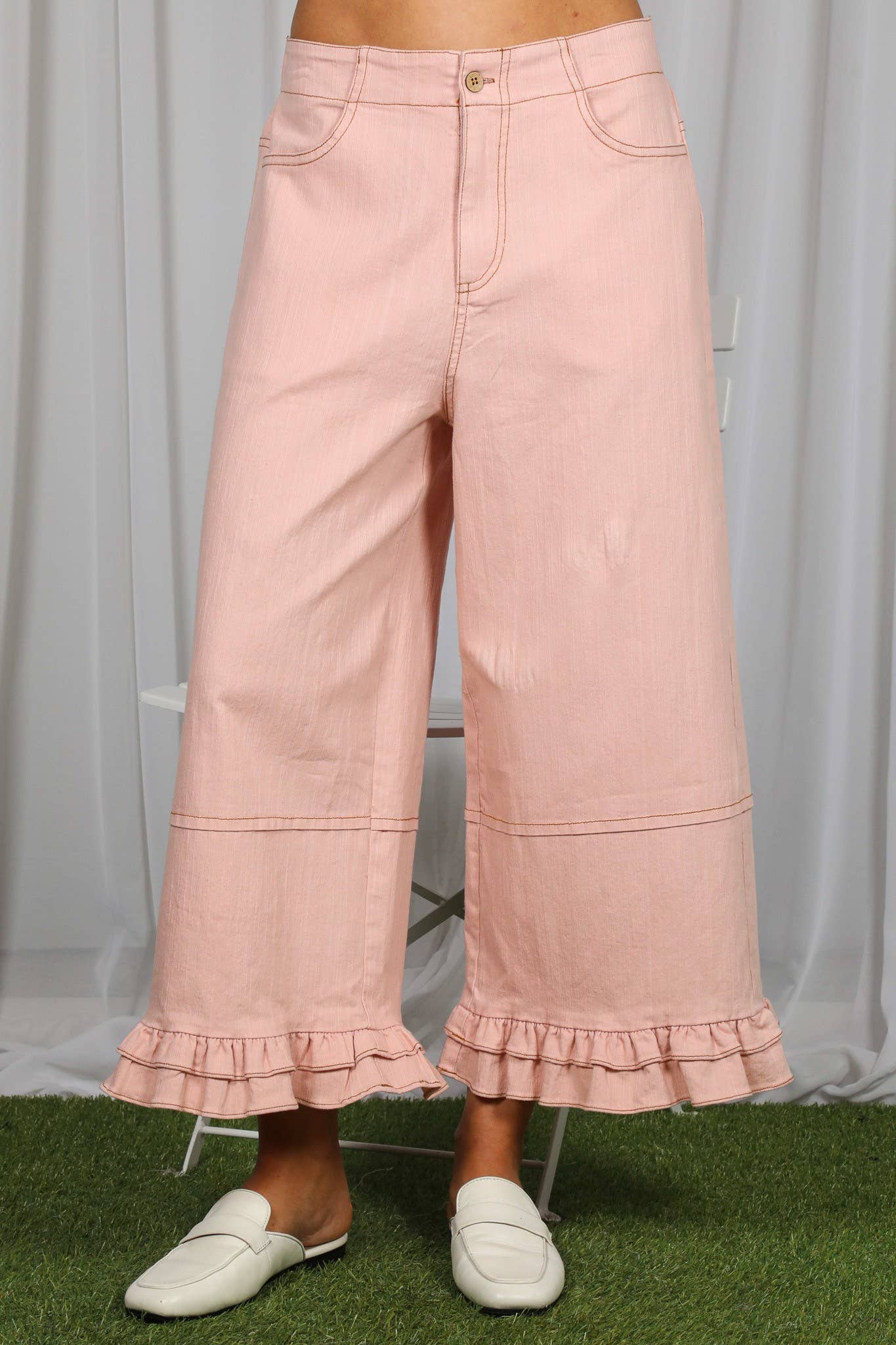 Pink Ruffle Hem Cropped Denim Pants