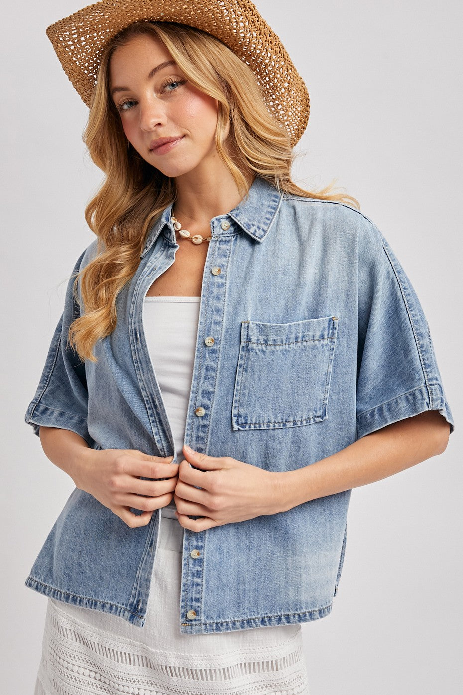 Bluivy Light Wash Denim Boxy Short Sleeve Button-Down Top