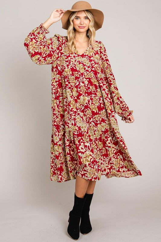 Wine Abstract Print Midi Length Dress