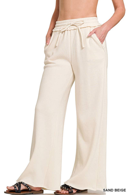 Sand Beige Fleece Exposed Seam Wide Leg Sweatpants