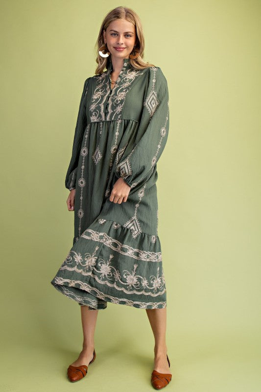 Olive Embroidered Midi Dress