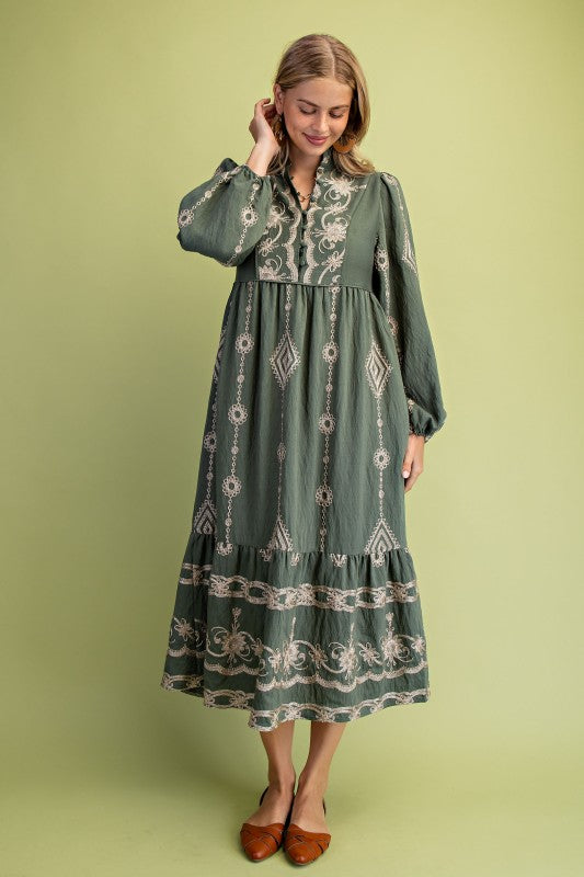 Olive Embroidered Midi Dress