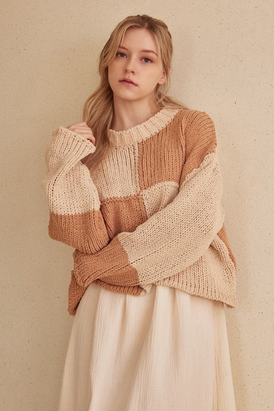 Beige Color Block Loose Fit Sweater