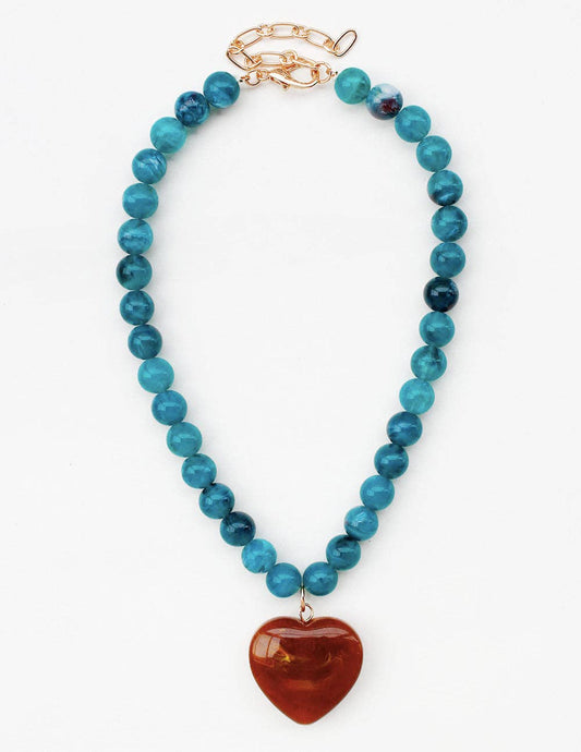 Blue Beaded Brown Stone Heart Necklace