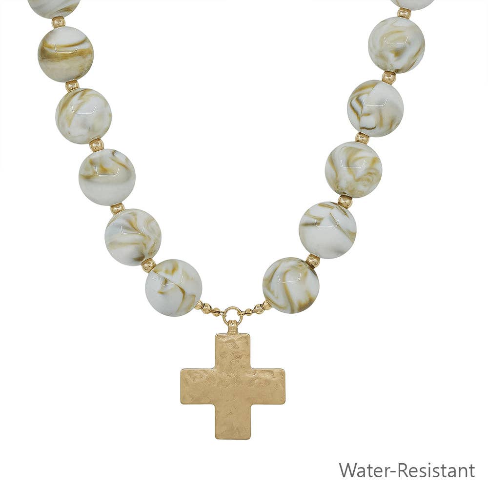 Natural Beaded Hammered Gold Cross Magnetic Closure Necklace