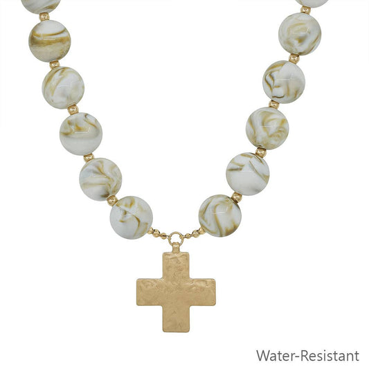 Natural Beaded Hammered Gold Cross Magnetic Closure Necklace