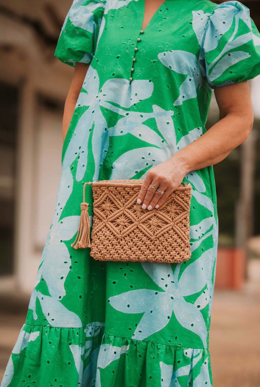 Khaki Boho Macrame Woven Tassel Clutch