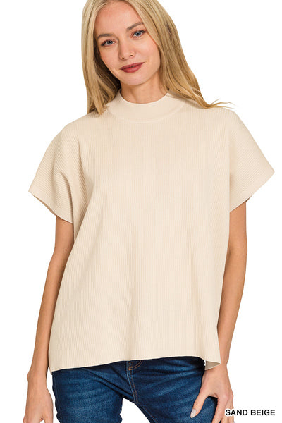 Zenana Viscose Mock Neck Short Sleeve Boxy Sweater- Sand Beige