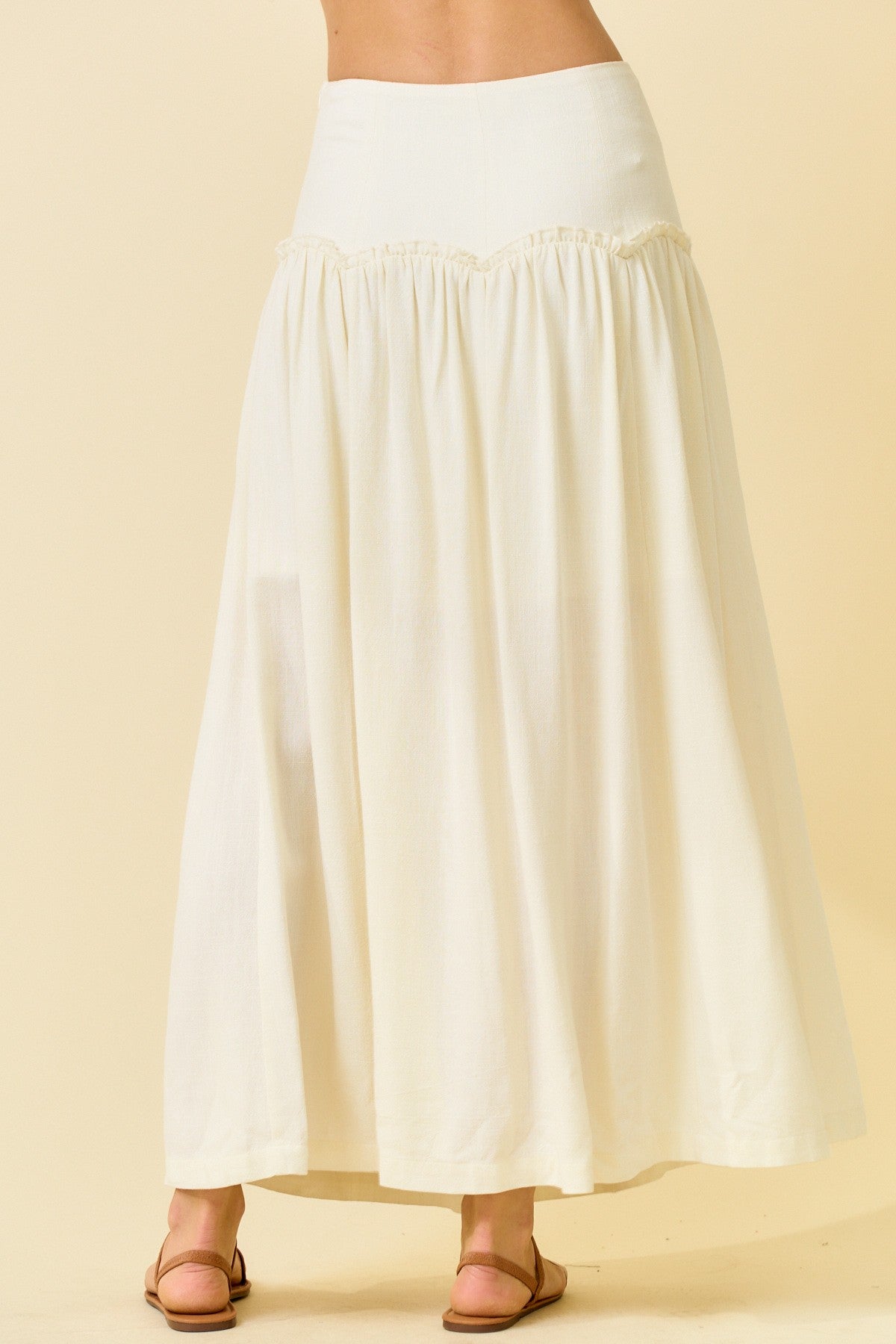 Ivory Linen Blend Scallop Drop Waist Maxi Skirt