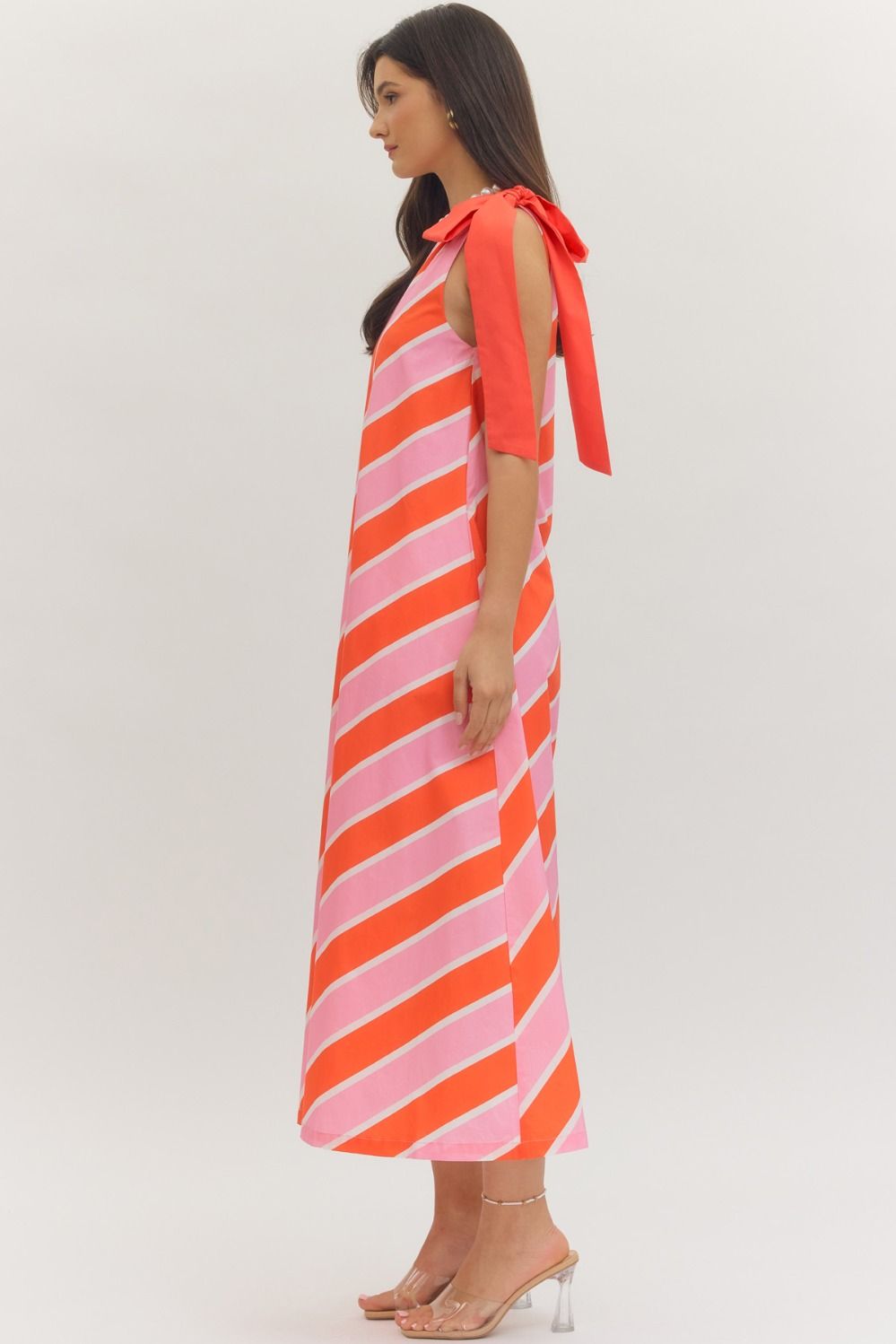 Entro Pink & Orange Stripe Bow Detail One-Shoulder Midi Dress