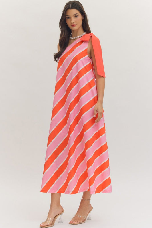 Entro Pink & Orange Stripe Bow Detail One-Shoulder Midi Dress