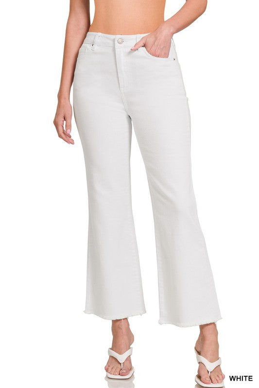 White Acid Washed Frayed Hem High Waist Bootcut Pants