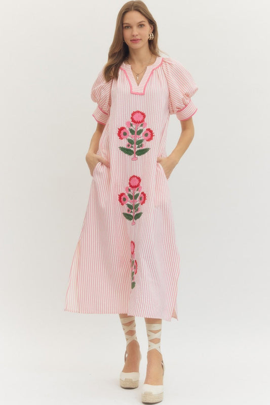 Pink Stripe Embroidered Midi Dress