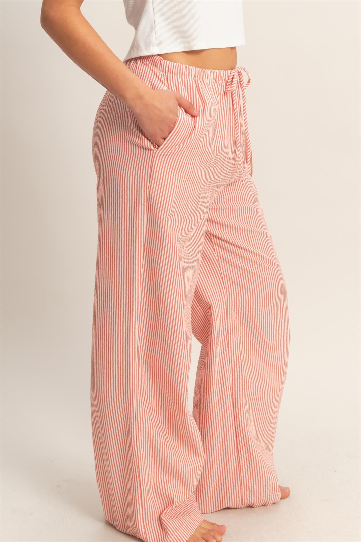 Red Stripe Cotton Wide Leg Pants