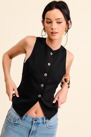 Black Button Down Linen Blend Waistcoat Vest