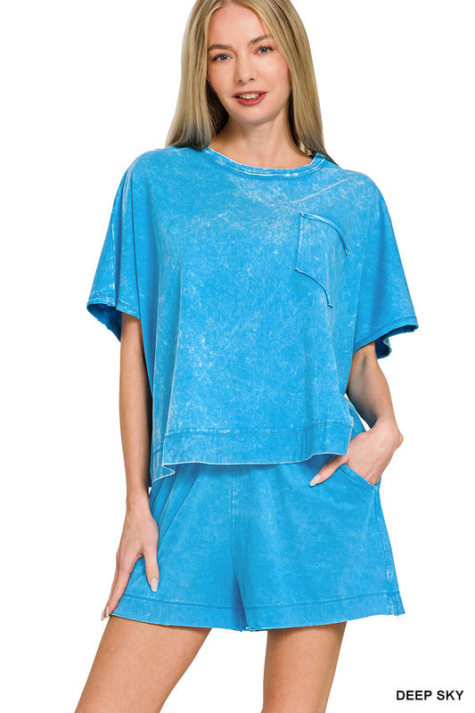 Zenana Blue Sky Mineral Wash Short Set