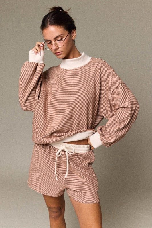 Brown and Cream Stripe Mock Neck Short Set