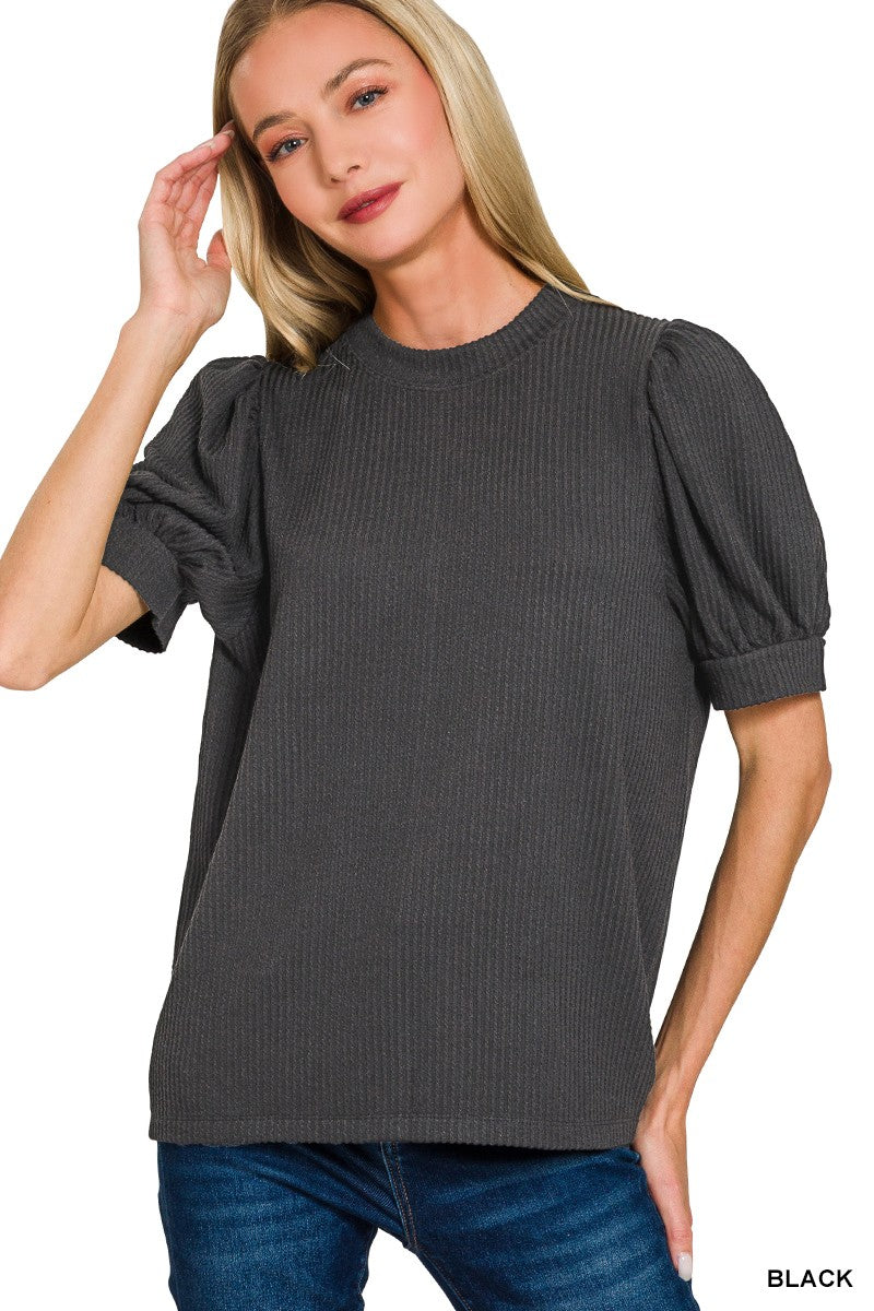 Zenana Black Ribbed Puff Sleeve Top