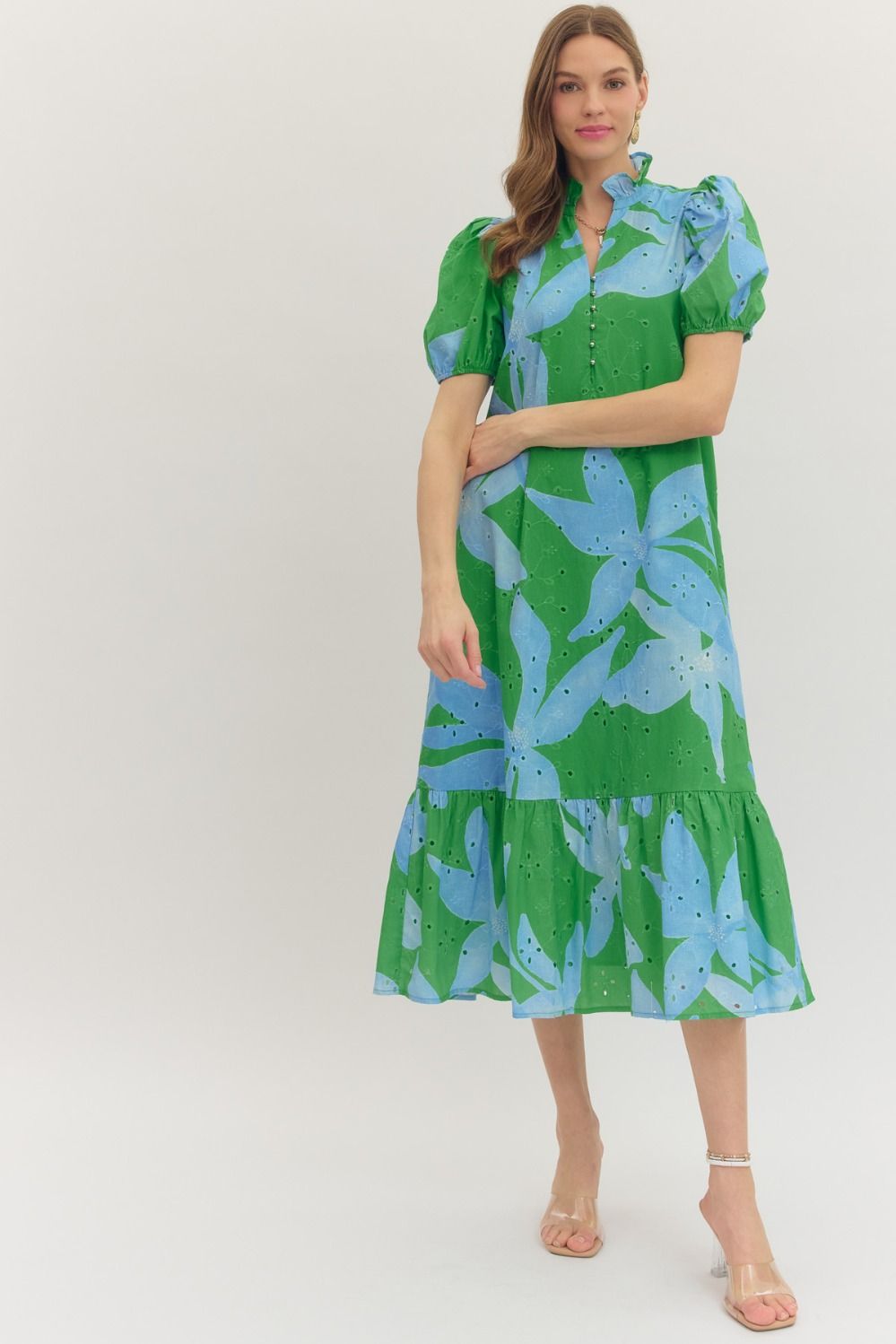 Entro Green & Blue Botanical Print Eyelet Midi Dress