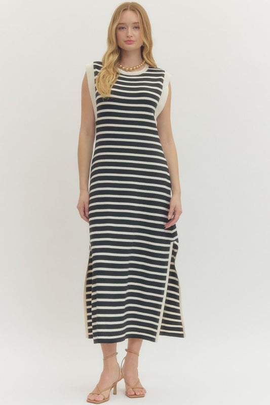 Entro Black & White Striped Maxi Dress with Pockets
