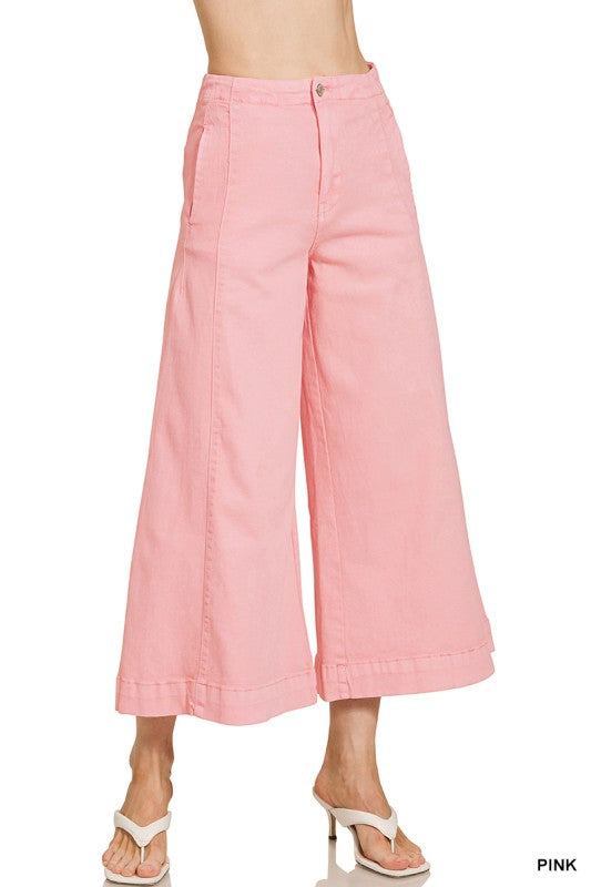 Pink High Rise Cropped Gaucho Denim Pants