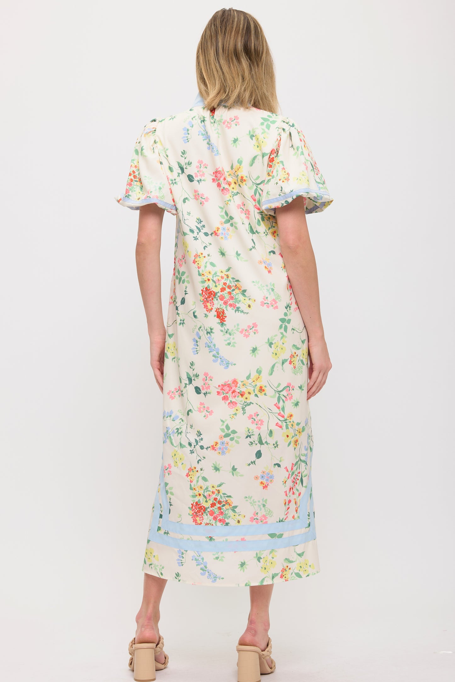 Floral Maxi Dress with Blue Contrast Trim & Puff Sleeves