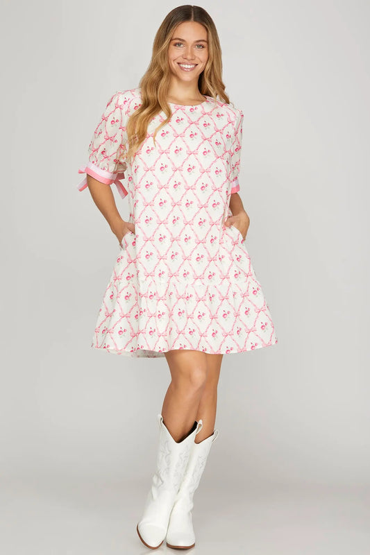Pink Floral Bow Print Mini Dress