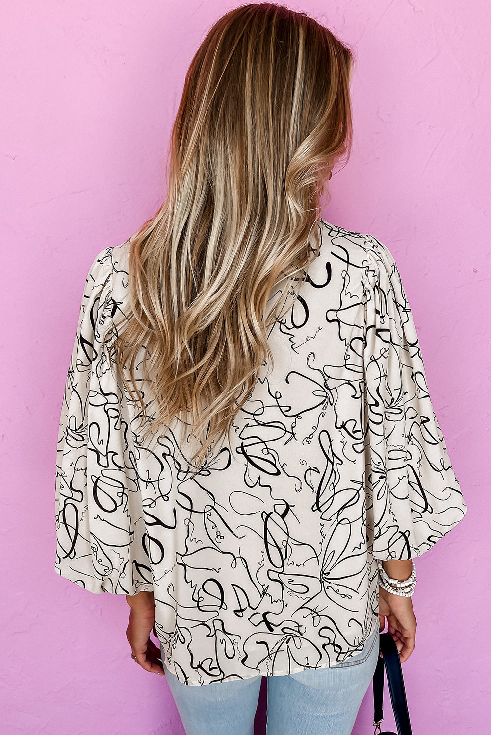 Abstract Print Balloon Sleeve Top
