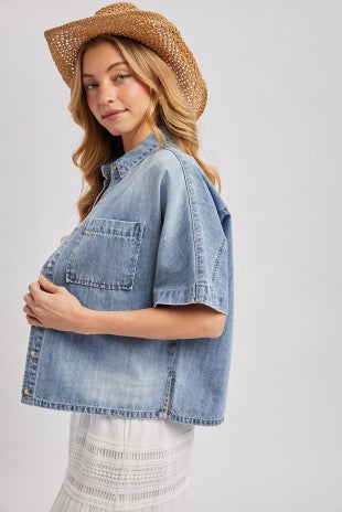 Bluivy Light Wash Denim Boxy Short Sleeve Button-Down Top