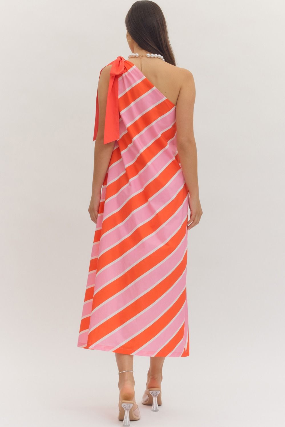 Entro Pink & Orange Stripe Bow Detail One-Shoulder Midi Dress