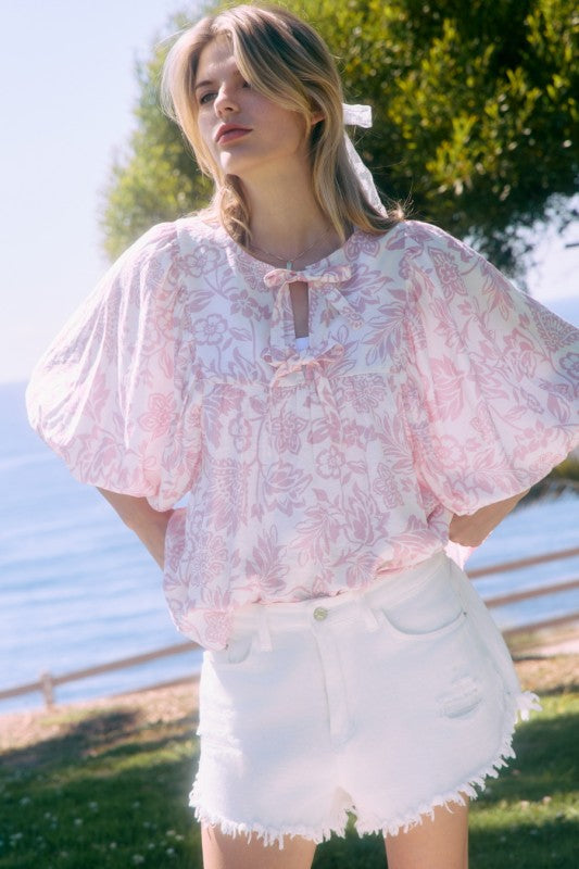 Pink Peony Boho Print Bow Top