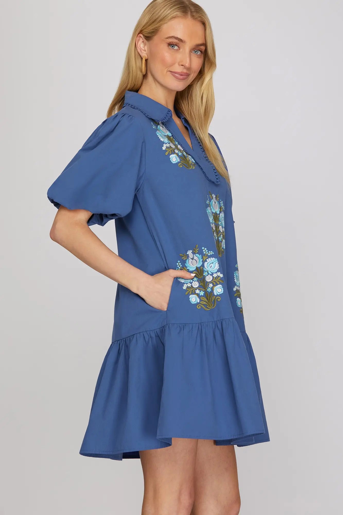 Blue Floral Embroidered Mini Dress