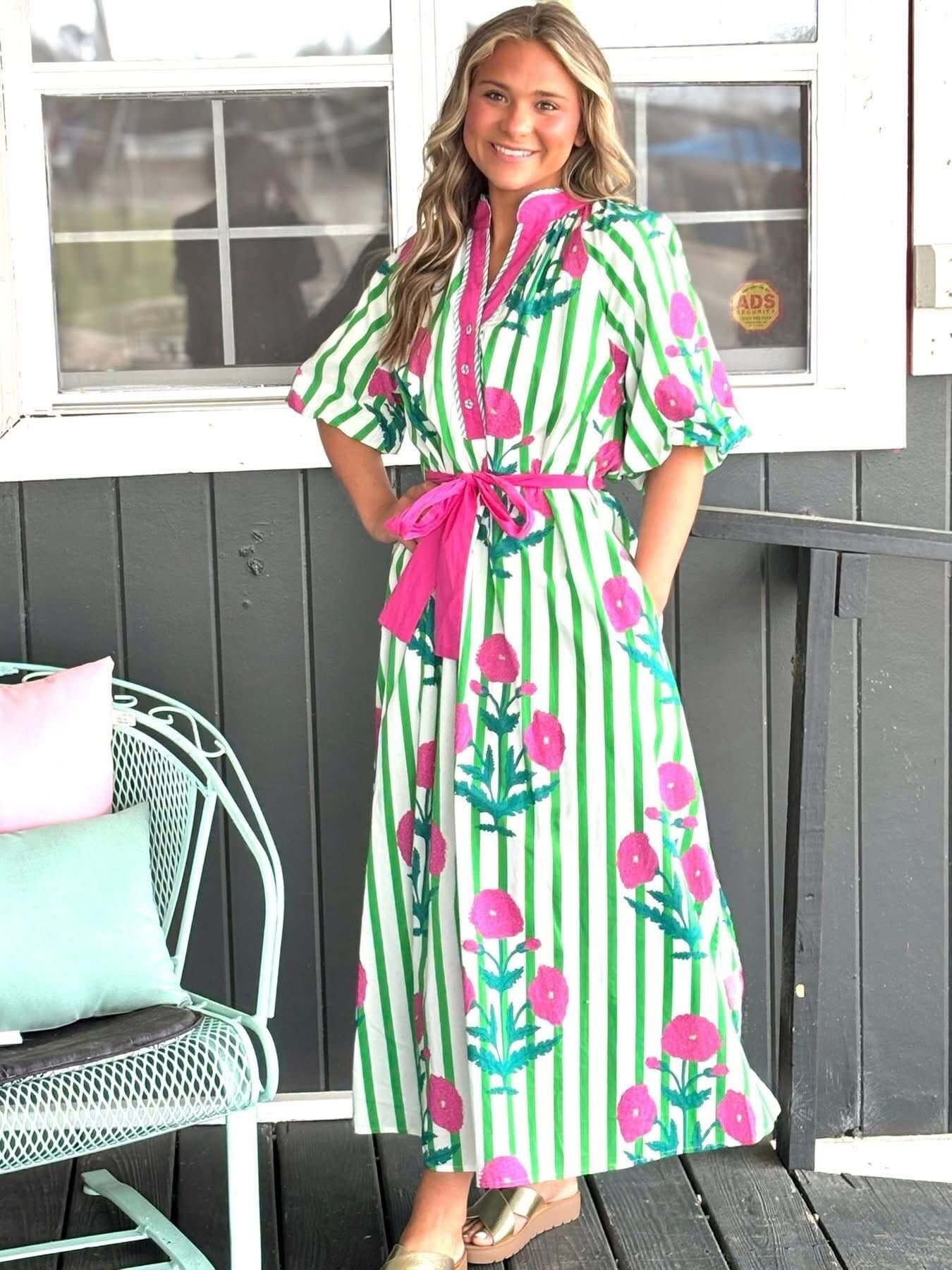 Green & Pink Striped Floral Maxi Dress