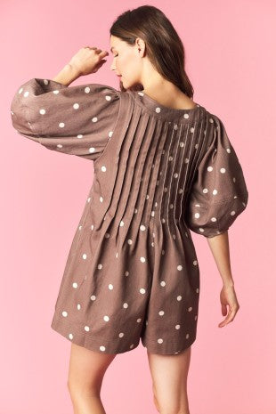 Brown Polka Dot Bubble Sleeve Romper