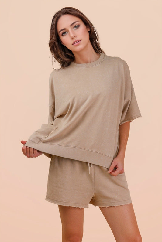 Beige Mineral Washed Knit Top & Shorts Set