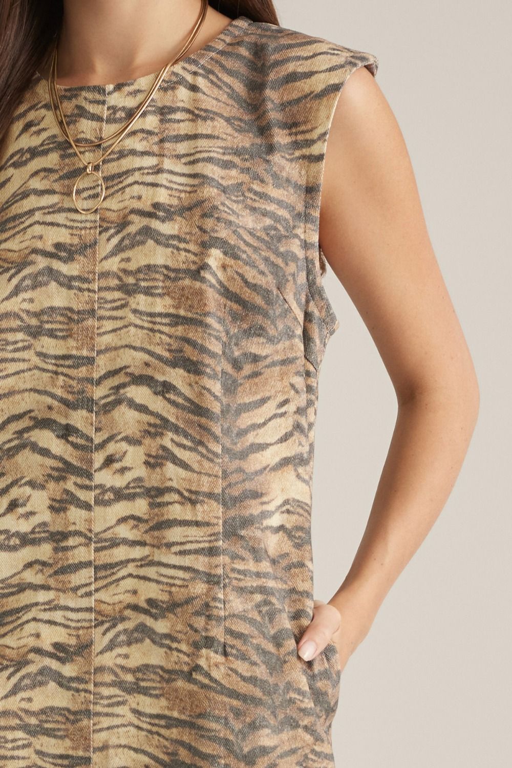 Brown Tiger Print Sleeveless Cotton Mini Dress