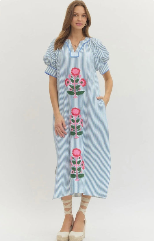 Blue Stripe Embroidered Midi Dress
